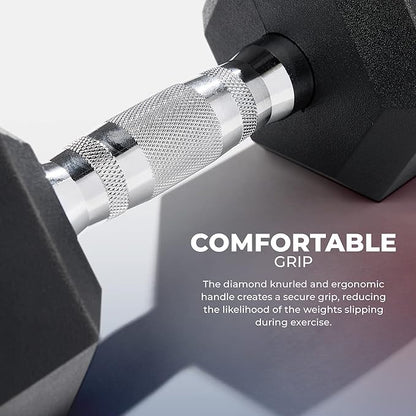 Sunny Health & Fitness Hex Style Dumbbell 5 LBS TO 50 LBS Chrome Handles, Hand Weight for Strength Training, Home Gym, Exercise, Workout Equipment Multiple Size Options