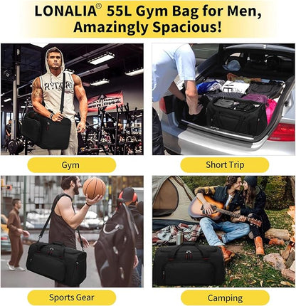 55L Sports Gym Duffle Bag for Men - 22 inch Large Duffel bag for Workout, Travel, Weekender, Fitness (Black)