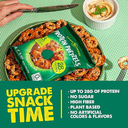 Crisp Power Protein Pretzels, Everything, High Protein Vegan Keto Snack, 28 G Plant Based Protein, Low Carb Crunchy Pretzel Snacks, Sugar Free, No Seed Oils, 1.75 oz Bags, 24 Pack