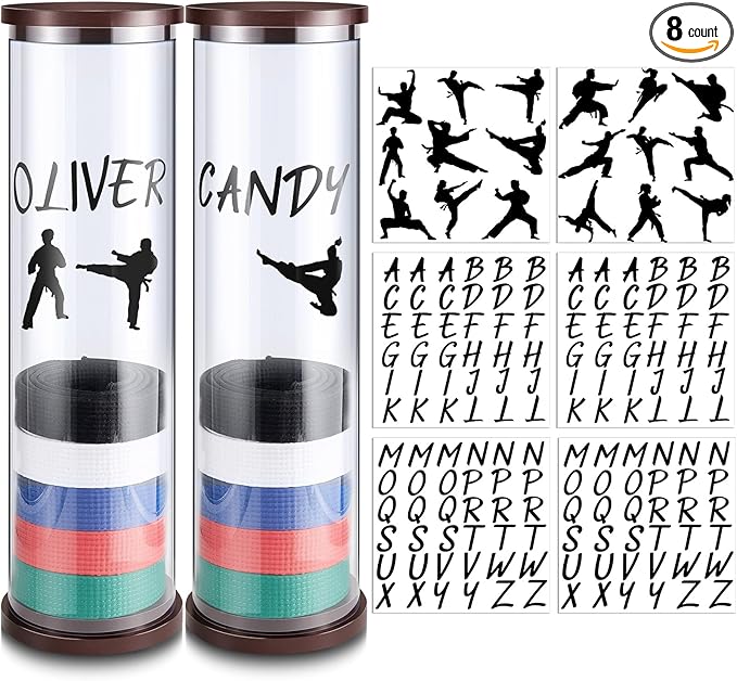 Tatuo 20 Belts Acrylic Karate Belt Display Rack with 6 Sheets Stickers Martial Arts Belt Display Holder Taekwondo Belt Display for Adults Karate Belt Holder Gifts Cylinder Belt Display