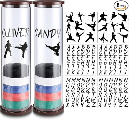 Tatuo 20 Belts Acrylic Karate Belt Display Rack with 6 Sheets Stickers Martial Arts Belt Display Holder Taekwondo Belt Display for Adults Karate Belt Holder Gifts Cylinder Belt Display