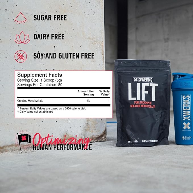 Xwerks Lift Micronized Creatine Monohydrate Powder, Unflavored, 80 Servings, 100% Pure Natural 5000mg Creatine Formula, Highly Soluble Mass Gainer Supplement, Pre Workout for Muscle Growth Recovery