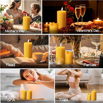 3 Pack Natural Beeswax Pillar Candles,Handmade Pure Beeswax Rolled Candle-60 Hours Long Burning,Honeycomb Bees Wax Candles for Home, Prayer,Dripless Smokeless Unscented Pillar Candle 2x4in