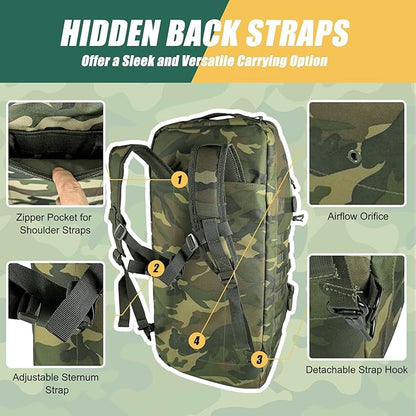 65L Large Travel Duffle Bag Military Tactical Backpack, Army Assault Pack 3 Day Bug Out Bag Rucksack for Outdoor Sport Hiking Camping with Molle System, Woodland