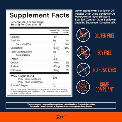 Reebok Whey Protein Powder + Collagen Peptides | 25g Protein with 9 Essential Amino Acids | Muscle Recovery, Joint & Gut Support | Informed-Sport Certified | ReeBuild Vanilla Ice Cream Flavor, 1.3 lb