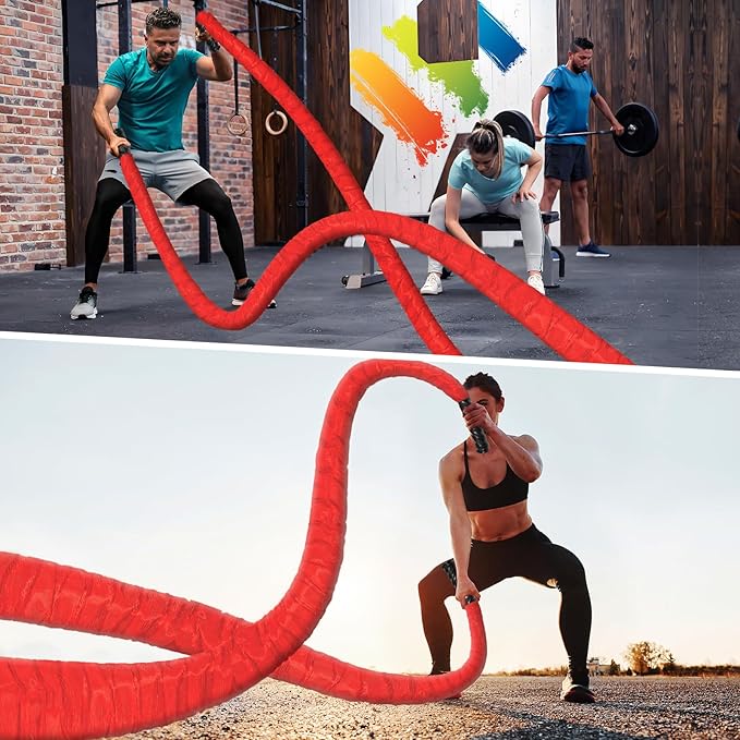 Battle Rope for Home Gym,1.5inch 30ft Red Battle Ropes with Protective Cover - Workout Equipment Heavy Exercise Rope for Strength Training for Kids or Adults