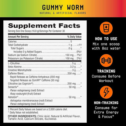 BEYOND RAW LIT V2 Clinical Strength Pre Workout Powder, Hits Harder, Bigger Pumps, Caffeine, L-Citrulline, Creatine, Gummy Worm, 30 Servings