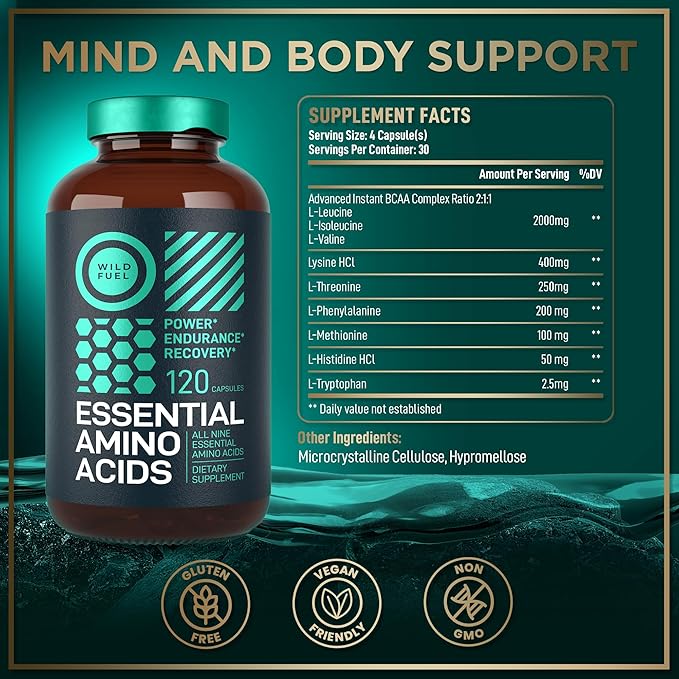 Essential Amino Acids Supplement ??3,000mg Leucine, Lysine, Isoleucine, Tryptophan Complete Complex - All 9 Best Amino Acids for Muscle Growth, Power, Recovery - 120 Vegan, Keto-Friendly BCAA Capsules