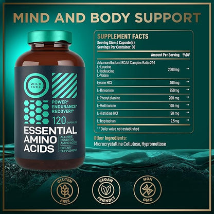 WILD FUEL Essential Amino Acids Supplement for Women and Men - All 9 BCAAs Amino Acid Complex for Power and Recovery - EAA Lysine, Tryptophan, Isoleucine - 2 Pack 240 Vegan BCAA Capsules