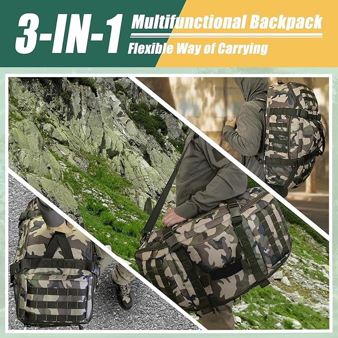 65L Large Travel Duffle Bag Military Tactical Backpack, Army Assault Pack 3 Day Bug Out Rucksack for Outdoor Sports Hiking Camping with Molle System, Woodland