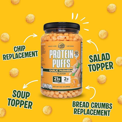 Twin Peaks Protein Puffs - (Garlic Parmesan), Keto Friendly, Low Carb Snack (300g, 21g Protein, 2g Net Carbs, High Protein, Healthy Crunchy Snack)