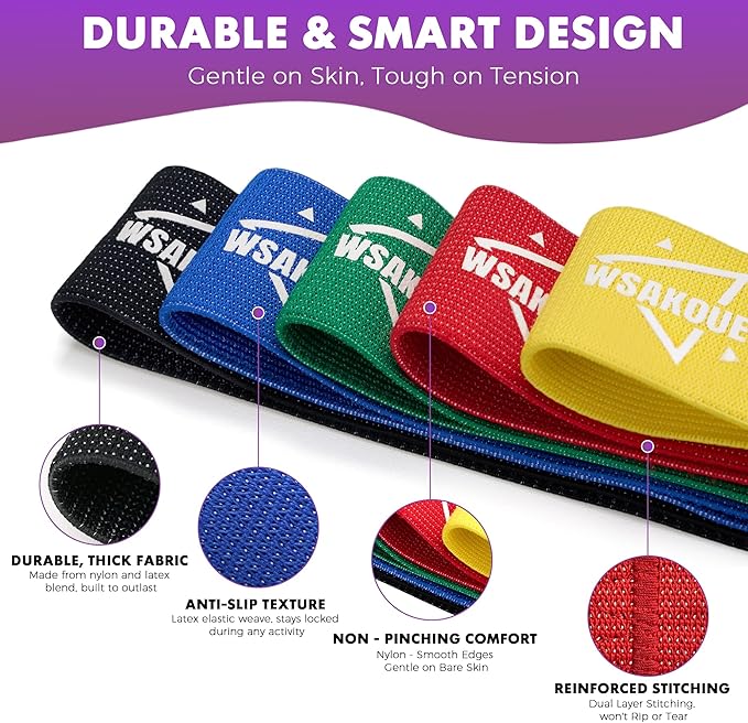 WSAKOUE Fabric Resistance Bands for Working Out – 5 Booty Bands for Women & Men, Exercise Workout Bands for Legs, HIPS & Glutes – Ideal for Home Fitness, Yoga, Pilates & Rehab