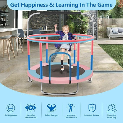 60" Toddler Trampoline for Kids, 5FT Adjustable Trampoline Indoor Outdoor with Enclosur Net, Mini Trampoline for Kids 3-10, 880lbs Capacity, Adjustable Gymnastics Bar, Basketball Hoop, Swing