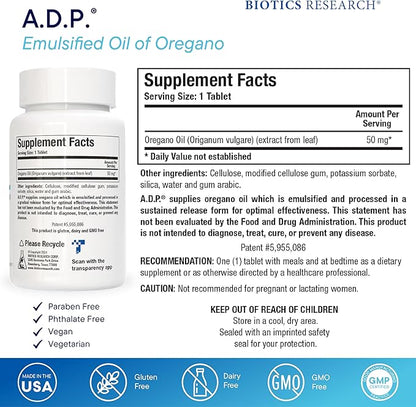 Biotics Research A.D.P. Emulsified Oil of Oregano Tablets for GI Health -Sustained Release for High Absorption Contains Carvacrol, Wild Oregano Oil 50mg/S - Patented Formula -Non GMO ??20 Tablets