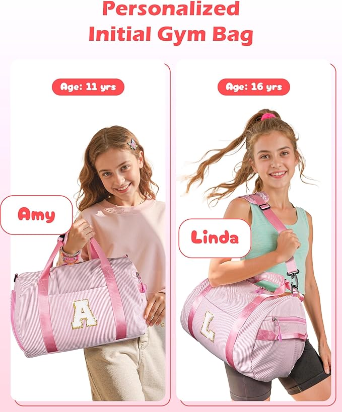 Girls Cheer Up Gift, Girl Gym Bag, Kids Initial Overnight Duffel Bags with Shoe Compartment, Personalized Travel Bag with Makeup Pouch, Sweet 16 Gifts for Granddaughter (Letter D)