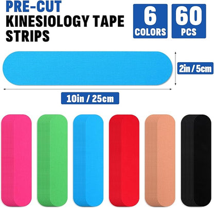 60PCS Precut Kinesiology Tape Strips, 6 Colors 2 inch x 10 inch Cotton Athletic Tape, Kinetic Tape, Elastic Muscle Tape, Sports Tape, Knee Tape for Exercise and Daily Use
