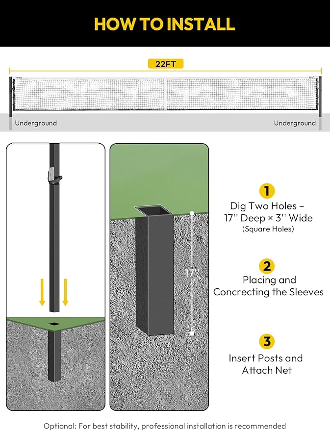 A11N SPORTS Pro-Grade In-Ground Pickleball Net System with Heavy-Duty Carbon Steel Posts, Rust-Proof All-Weather Construction, Easy Sleeve Installation, Official Size for Outdoor Court