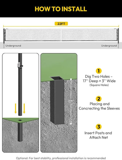 A11N SPORTS Pro-Grade In-Ground Pickleball Net System with Heavy-Duty Carbon Steel Posts, Rust-Proof All-Weather Construction, Easy Sleeve Installation, Official Size for Outdoor Court