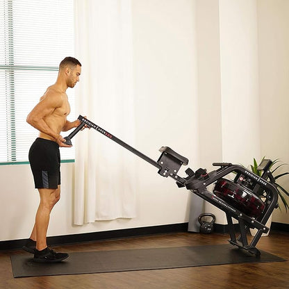 Sunny Health & Fitness Premium Water Rower w/Intensive Dynamic Real-Time Resistance, 300 LB Capacity Flip-able Rowing Machine for Home Training, Optional Free SunnyFit App Connection