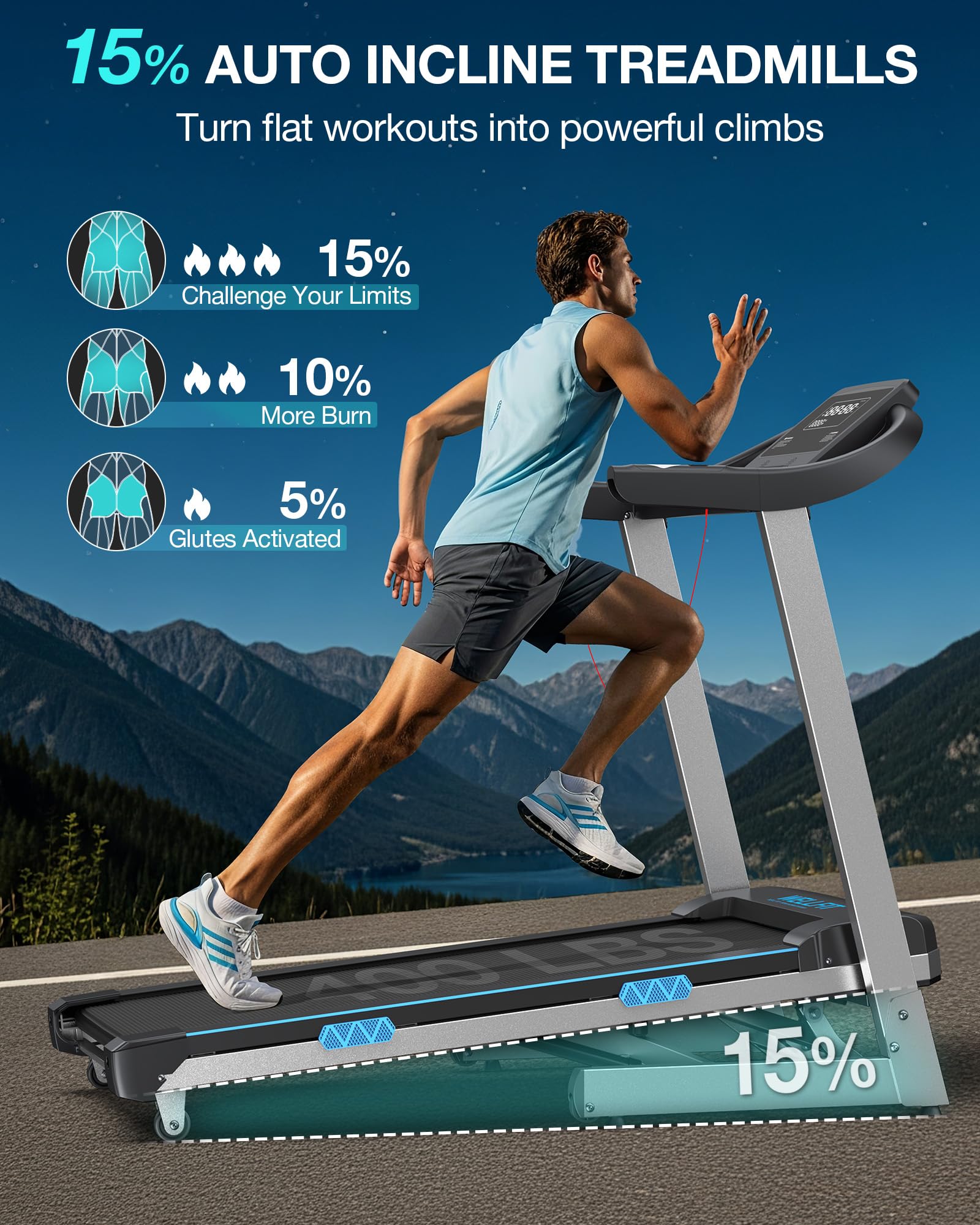 WELLFIT 15% Auto Incline Foldable Treadmill, Heavy Duty Treadmills for Home