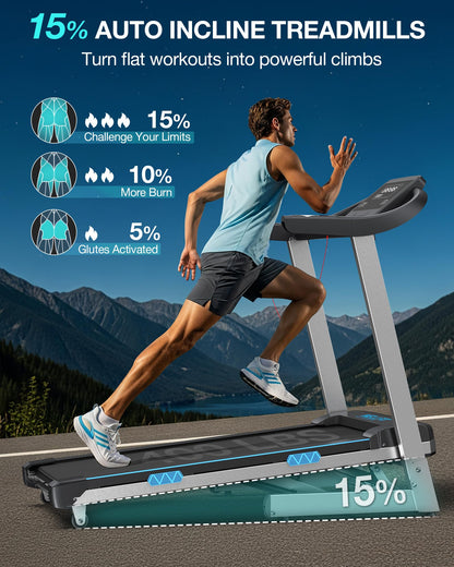 WELLFIT 15% Auto Incline Foldable Treadmill, Heavy Duty Treadmills for Home