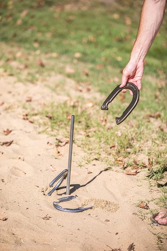 Triumph Forged and Steel Horseshoe Set Complete with 4 Horseshoes, 2 Stakes - Patriotic or Blue and Grey Colors - Perfect Addition for Parties and Outdoor Gatherings