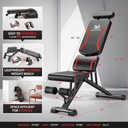 Adjustable Weight Bench for Home Gym with Headrest - Foldable Workout Bench Press, 800lb Capacity for Exercises Incline Flat Decline Sit-Ups