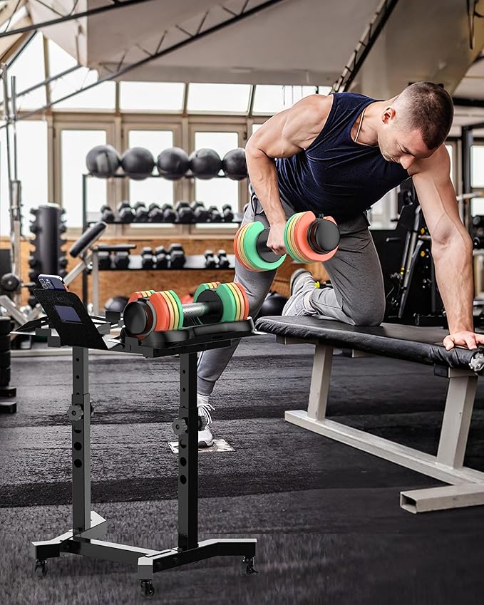 Adjustable Dumbbell Stand - Uboway Weight Stand with 4 Level Height Adjustment, Dumbbell Weight Rack with Tablet Holder and Durable Casters, Weight Holder for Adjustable Dumbbell Set, 2025 Upgrade Design （Bonus Foot Pads）