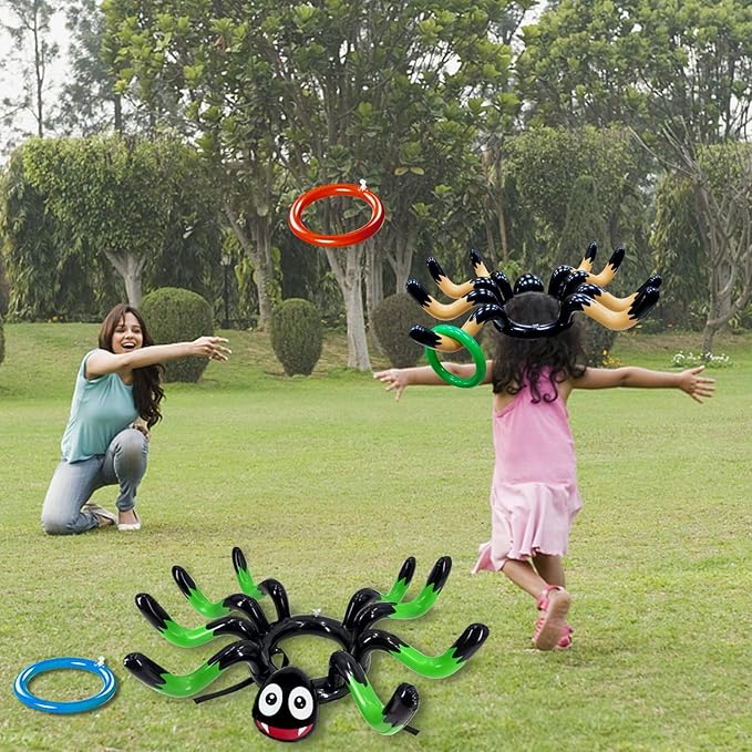 10 PCS Giant Halloween Ring Toss Games Inflatable Spider for Kids Adult Indoor Outdoor Carnival Family Party Games Spider Toys Halloween School Party Favors (2 Giant Spiders, 8 Rings)
