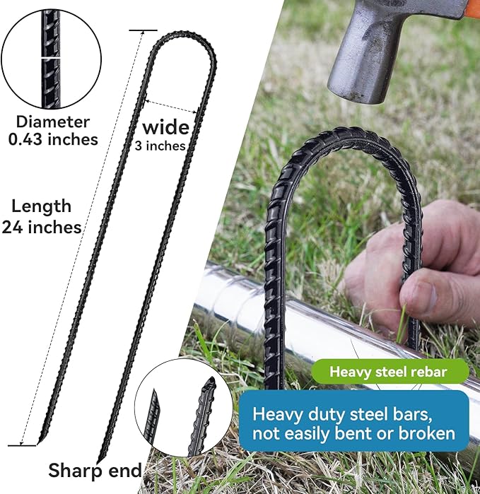 Trampoline Ground Anchors 24-Inch Heavy Duty U Rebar Stakes for Trampoline, Dog Fence, Black Antirust Coated (8 Pcs)