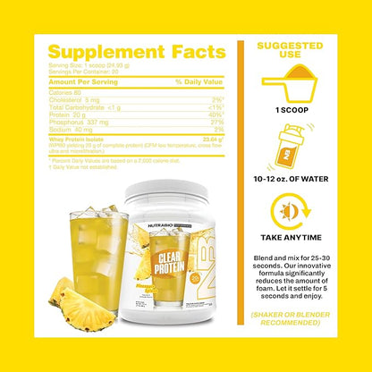 NutraBio Clear Protein Powder, Pineapple Splash - 20 Servings, 20g Clear Whey Protein Isolate, 0 Sugar, 0g Lactose, Refreshing Fruit Flavors, GLP1 Support - Bone Health - Muscle Post Workout Recovery