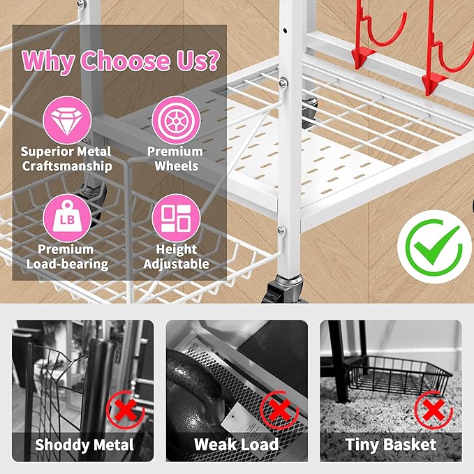 3-Tier Home Gym Storage Rack, Adjustable Yoga Mat Storage Rack, 250LBS Metal Workout Equipment Storage Cart with Large Basket & Lockable Wheels for Mats, Bands, Foam Rollers, Yoga Block (Rack Only)