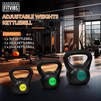 Fitvids Wide Grip 3-Piece or 4-Piece Kettlebell Exercise Fitness Weight Set, Include 5 lbs, 10 lbs, 15 lbs and 20 lbs, Set of 3 or Set of 4