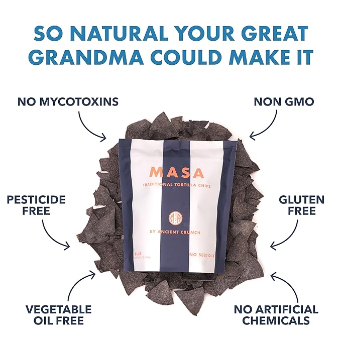 MASA Chips Blue Corn Tortilla Chips - Naturally Grown Blue Corn with Grass Fed Tallow and Sea Salt Tortilla Chips - No Seed-Oil Snacks - 6 Pack, 5 Ounce Each