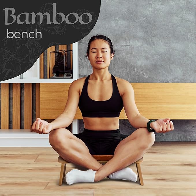 Bamboo Meditation Bench with Cushion - Foldable Bench for Multiple Seating Angles - Kneeling Chair Meditation Stool - Yoga Chair Prayer Bench for Deeper and Longer Meditation - Brown