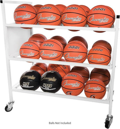 Champion Sports Deluxe Heavy Duty Basketball Storage Cart with Locking Swivel Caster Wheels (Black)