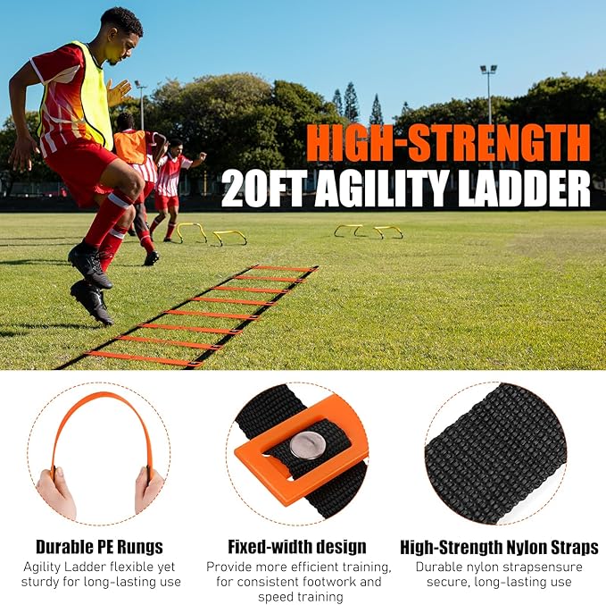 Soccer Training Equipment, Agility Speed Training Set with 20ft Speed Ladder, 12 Cones, 4 Adjustable Hurdles, Jump Rope, Parachute | Ideal for Basketball, Football Practise, for Kids, Youth, Adults