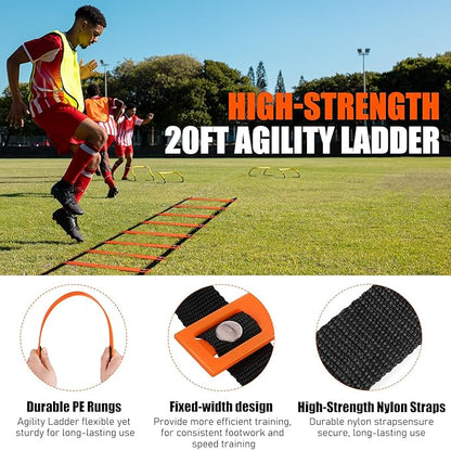 Soccer Training Equipment, Agility Speed Training Set with 20ft Speed Ladder, 12 Cones, 4 Adjustable Hurdles, Jump Rope, Parachute | Ideal for Basketball, Football Practise, for Kids, Youth, Adults
