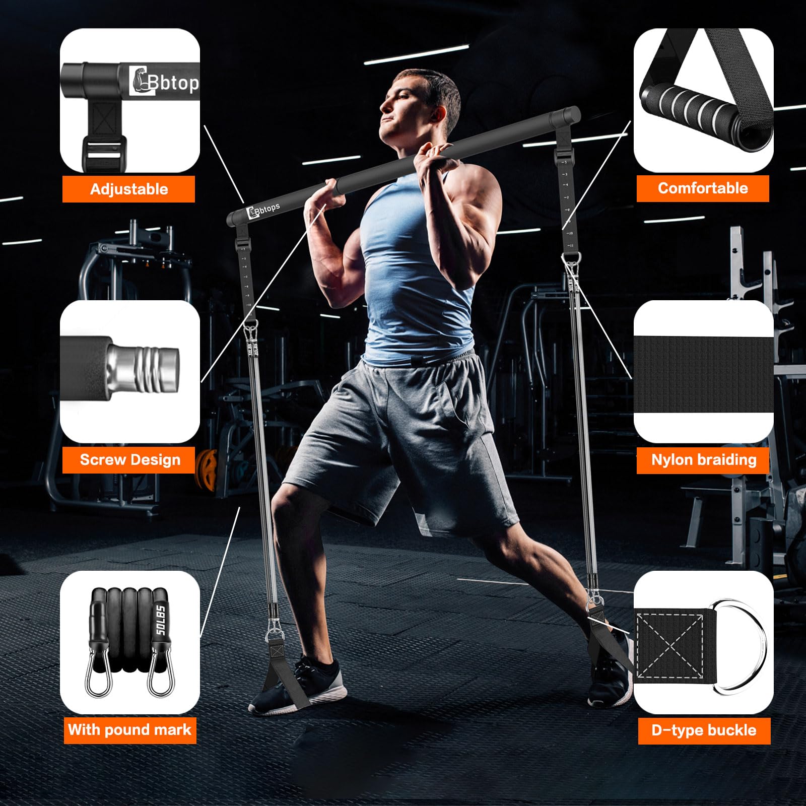 Bbtops Pilates Bar Kit with 6 Resistance Bands for Women & Men Black