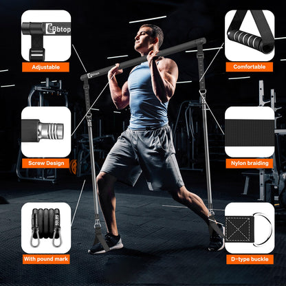 Bbtops Pilates Bar Kit with 6 Resistance Bands for Women & Men Black