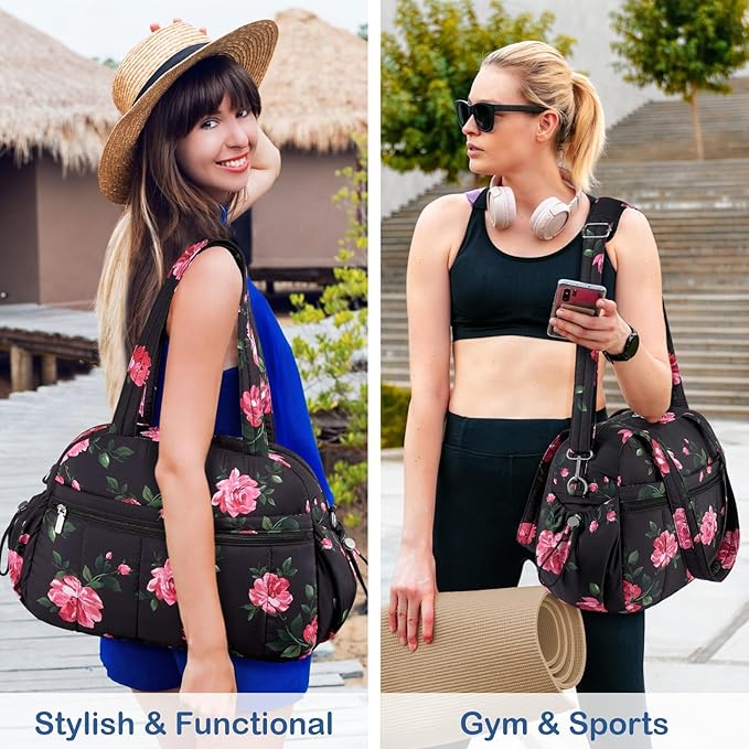 TOPDesign Travel Duffel Bag for Women, Puffer Gym Bag Sports Tote with Wet Pocket, Carry On Weekender with Luggage Sleeve (Peony)