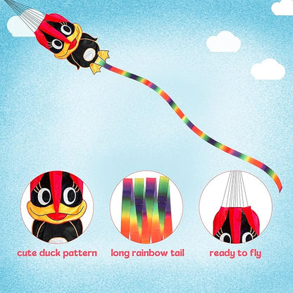 Duck Pattern Kites for Kids, Cute Large Kite Duck Kite with Long Colorful Tail for Kids & Adults, Easy to Fly Kite for Beginners Outdoor Activities