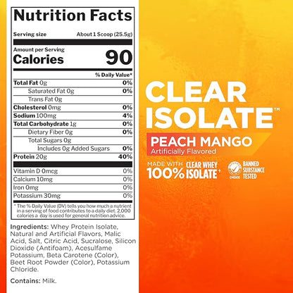 Rule 1 Clear Whey Isolate - 20g All-whey Isolate Protein, Over 9g EAAs, 300mg of Electrolyte Minerals, 90 Calories, Light, Crisp, and Refreshing Taste (27 Servings, Peach Mango)