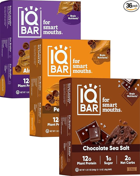 IQBAR Brain and Body Plant Protein Bars - Chocolate Lovers Variety - 36-Count Low Carb - Gluten