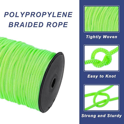 MECCANIXITY 3/16 Inch Polypropylene Rope Braided Ropes, 328ft Nylon Rope Hollow Utility Cord for Clothesline, Camping, Hiking, Outdoor, Fruit Green