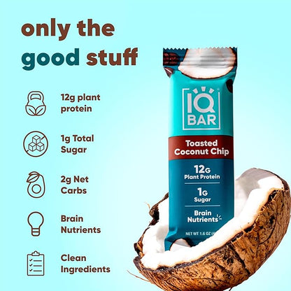 IQBAR Brain and Body Plant Protein Bars - Toasted Coconut Chip - 36-Count Low Carb - Gluten Free, High Fiber, Vegan Snacks - Low Sugar Meal Replacement