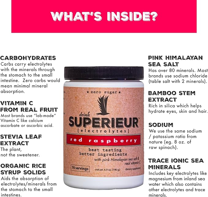 Superieur Electrolytes ??Plant Based Electrolyte Supplement w/Sea Minerals for Hydration & Recovery ??Keto Friendly, Non-GMO, Zero Sugar, Vegan Healthy Sports Drink Powder ??Raspberry (70 Servings)