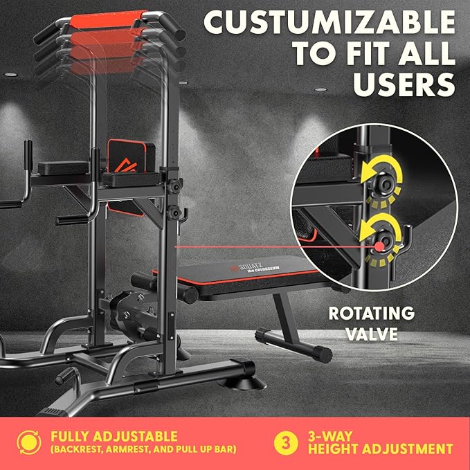 SQUATZ Pull-Up Workout Station with Bench - Multifunctional Gym Equipment Setup w/Pulling Bar, Sit-Up Board, Backrest, Elbow Pad, & Steel Main Frame, Great for Home Exercise and Weight Training