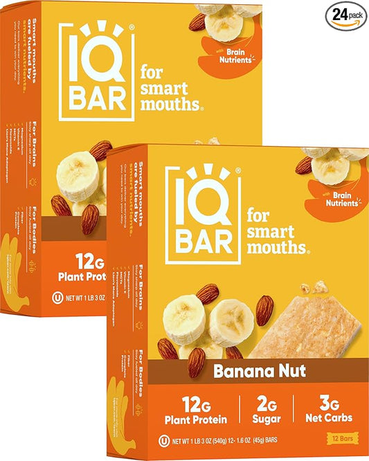 IQBAR Brain and Body Plant Protein Bars - Banana Nut - 24-Count Low Carb - Gluten Free, High Fiber