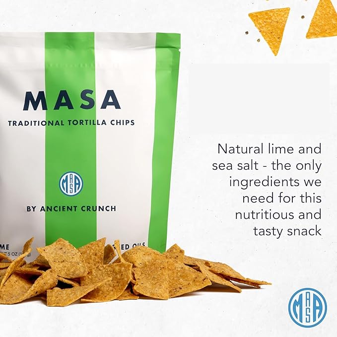 MASA Chips - Lime Flavored Tortilla Chips, Handmade Corn Chips & Crisps - Naturally Grown White Corn, Made with Grass Fed Tallow & Sea Salt - 2 Pack, 5 Ounce Each